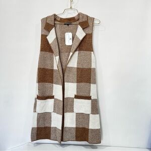 Open Front Sweater Vest Size Small Plaid Checks Khaki/Cream Beige Cable Knit